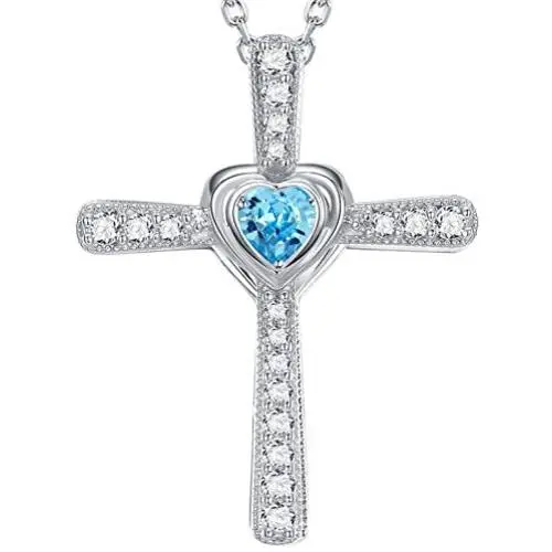 Birthday Gifts for Her Sterling Silver March April Birthstone Aquamarine Simulated Diamond Pearl Garnet Amethyst Necklace Love Heart Pendant Jewelry