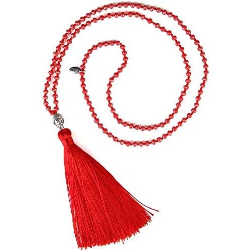 KELITCH Exclusive Crystal Beaded Necklace Luxury Silver Buddha Head Tassel Long Necklace