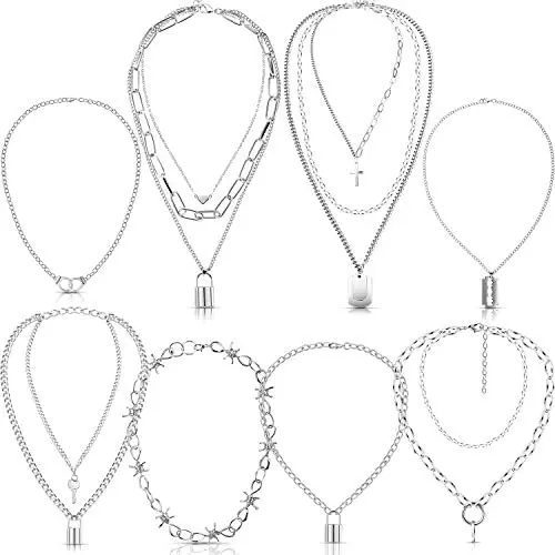 8 Pieces Punk Chain Necklace Set Unisex Multilayer Punk Wire Thorns Razor Lock Pendant Choker Necklace, Silver 8 Pieces Punk Chain Necklace Set Unisex Multilayer Punk Wire Thorns Razor Lock Pendant Choker Necklace, Silver