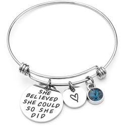 LIUANAN She Believed She Could So She Did Expandable Bangle Birthstone Charm Stainless Steel Cuff Bracelet