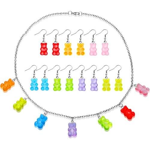 8 Pieces Bear Jewelry Set Includes 7 Pairs Gummy Candy Bear Dangle Earrings and 7 Colors Resin Bear Necklace Party Favors for Women Girls