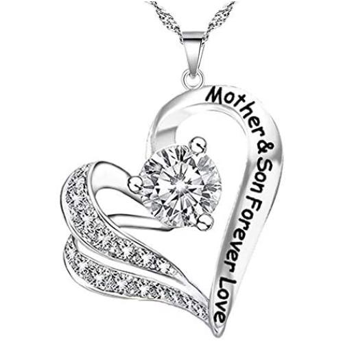 Mother Gifts from Son Necklace for Mother Birthday Gift from Son 925 Silver Heart Necklace Pendant Crystal CZ Mother Son Forever Love Mom Mother Birthday Present Gift Jewelry for Women Gifts