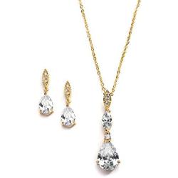 Mariell 14K Gold Plated Pear-Shaped CZ Bridal, Bridesmaids or Prom Necklace and Earring Set