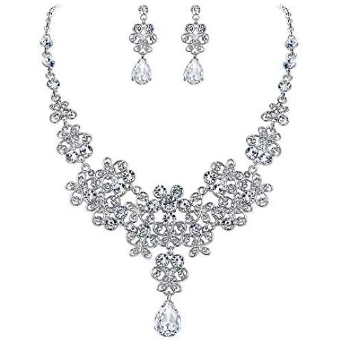 BriLove Wedding Bridal Jewelery Set for Women Rhinestone Butterfly Filigree Statement Necklace Dangle Earrings Clear Silver-Tone