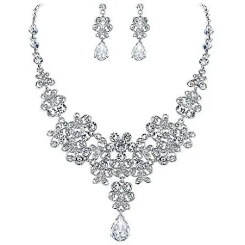 BriLove Wedding Bridal Jewelery Set for Women Rhinestone Butterfly Filigree Statement Necklace Dangle Earrings Clear Silver-Tone