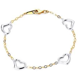 Wellingsale 14k Two 2 Tone White and Yellow Gold Heart Link Bracelet with Lobster Claw Clasp - 7.5''