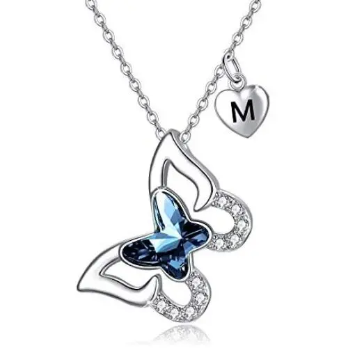 Dainty Initial Necklaces Silver Butterfly Necklace with Crystal Pendant Letter Script Name Necklace Monogram Necklace for Women Minimalist Personalized Jewelry Gift(from Alphabet 26 A-Z)