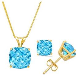 Certified 14k Gold Cushion-Checkerboard-Cut Genuine Gemstone Pendant Necklace & Stud Earring Boxed Set, 18''