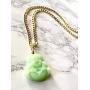 Smiling Laughing Buddha Lime Green Jade Pendant Necklace Cuban Cubana Gold Chain Genuine Certified Grade A Jadeite Jade Hand Crafted, Jade Neckalce, 14k Gold Filled Buddha necklace, Jade Medallion (18.00)