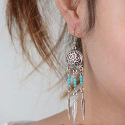 Deniferymakeup Dangle Earrings Silver Boho Hippie Simple Earring Jewelry Gift For Women Bohemian Gypsy Tribal Ethnic Tassel Engraved Crescent Moon Birthday Silver Feather Dangle Eardrop (Blue)