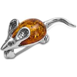 Amber Sterling Silver Small Happy Mouse Pin Brooch