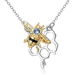 AOBOCO 925 Sterling Silver Honey Bumble Bee Necklace with Honeycomb, Fine Jewelry Gift for Women