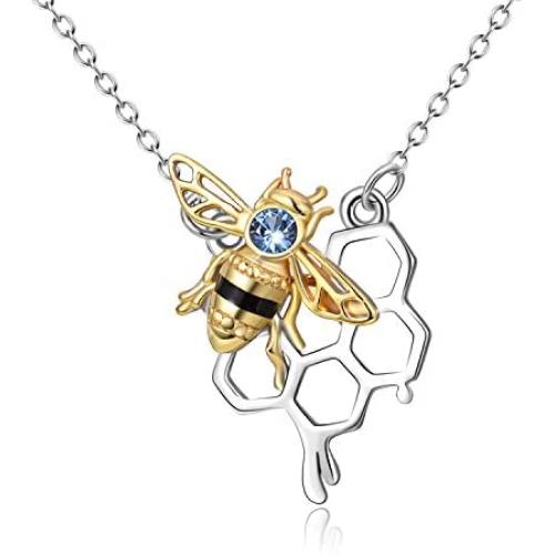 AOBOCO 925 Sterling Silver Honey Bumble Bee Necklace with Honeycomb, Fine Jewelry Gift for Women