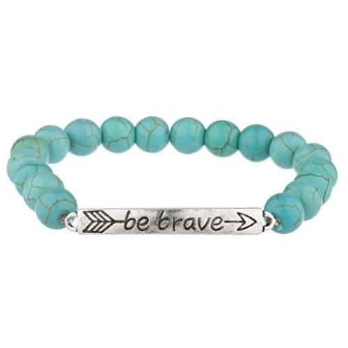 LUX ACCESSORIES Boho Burnished Silver Be Brave Turq Beaded Stretch Bracelet