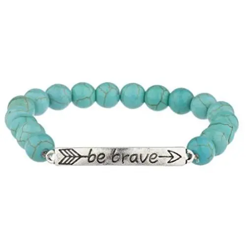 LUX ACCESSORIES Boho Burnished Silver Be Brave Turq Beaded Stretch Bracelet