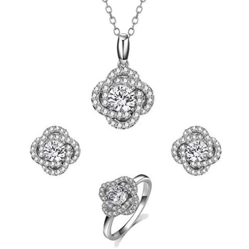 Lovans Jewelry Set 925 Silver Forever Love Crystal Cubic Zirconia Stud Earrings Ring Necklace Jewelry Set Bridal Gifts for Women Wedding