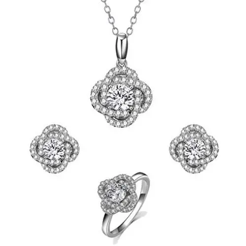 Lovans Jewelry Set 925 Silver Forever Love Crystal Cubic Zirconia Stud Earrings Ring Necklace Jewelry Set Bridal Gifts for Women Wedding