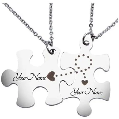 Fanery Sue Personalized Puzzle Pieces Matching Necklace/Kaychain for Love Best Friends Family Custom Name/Date Matching Pendant Set with Gift Box