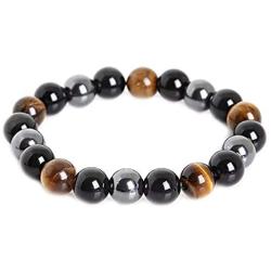 Rustenhof Tiger Eye & Hematite & Black Obsidian 10mm Beaded Triple Protection Bracelet Healing Rope Man Stone