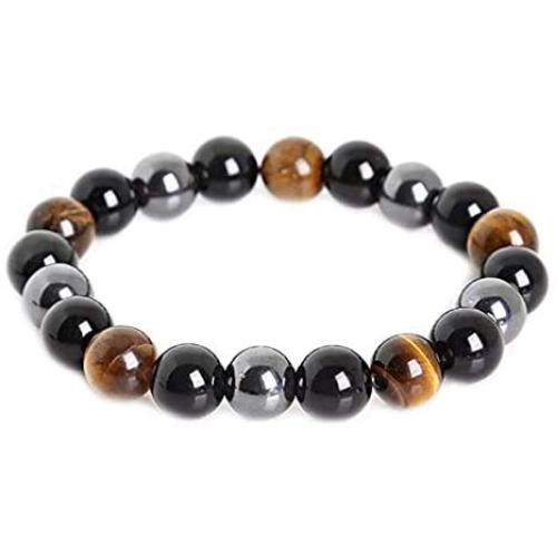Rustenhof Tiger Eye & Hematite & Black Obsidian 10mm Beaded Triple Protection Bracelet Healing Rope Man Stone