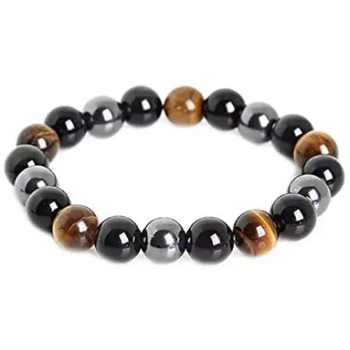 Rustenhof Tiger Eye & Hematite & Black Obsidian 10mm Beaded Triple Protection Bracelet Healing Rope Man Stone Rustenhof Tiger Eye & Hematite & Black Obsidian 10mm Beaded Triple Protection Bracelet Healing Rope Man Stone
