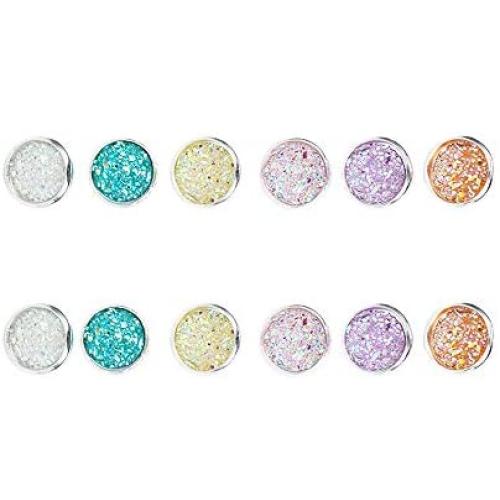 Druzy Quartz Stud Earrings Set 12mm Round Silver Sparkly Crystal Rhinestone Ear Studs Pierced Jewelry for Women Girls 6 Pairs/Set