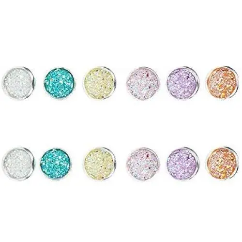 Druzy Quartz Stud Earrings Set 12mm Round Silver Sparkly Crystal Rhinestone Ear Studs Pierced Jewelry for Women Girls 6 Pairs/Set