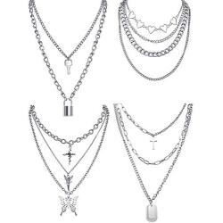 Hicarer 4 Sets Butterfly Lock Chains Pendants Necklace Hearts Layered Choker Punk Alloy Jewelry Chunky Chains Necklace for Eboy Egirl Women Men