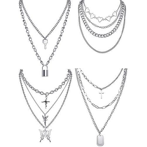 Hicarer 4 Sets Butterfly Lock Chains Pendants Necklace Hearts Layered Choker Punk Alloy Jewelry Chunky Chains Necklace for Eboy Egirl Women Men