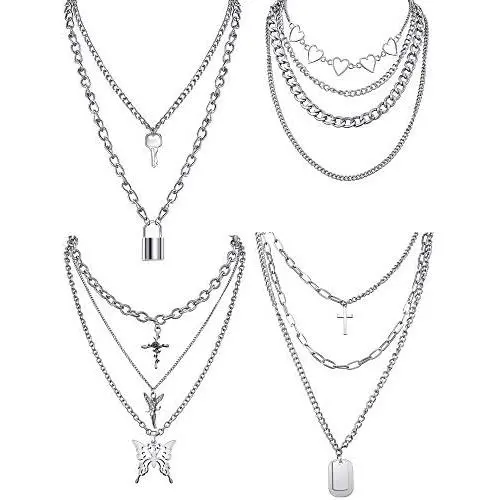 Hicarer 4 Sets Butterfly Lock Chains Pendants Necklace Hearts Layered Choker Punk Alloy Jewelry Chunky Chains Necklace for Eboy Egirl Women Men Hicarer 4 Sets Butterfly Lock Chains Pendants Necklace Hearts Layered Choker Punk Alloy Jewelry Chunky Chains Necklace for Eboy Egirl Women Men