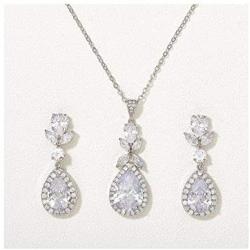 SWEETV Teardrop Wedding Bridal Jewelry Sets for Bridesmaids, Brides, Crystal Necklace Earrings Set for Women, Cubic Zirconia Wedding Prom Costume Jewelry Gifts