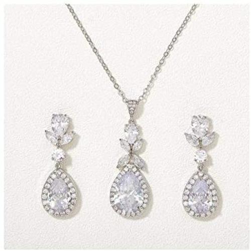 SWEETV Teardrop Wedding Bridal Jewelry Sets for Bridesmaids, Brides, Crystal Necklace Earrings Set for Women, Cubic Zirconia Wedding Prom Costume Jewelry Gifts
