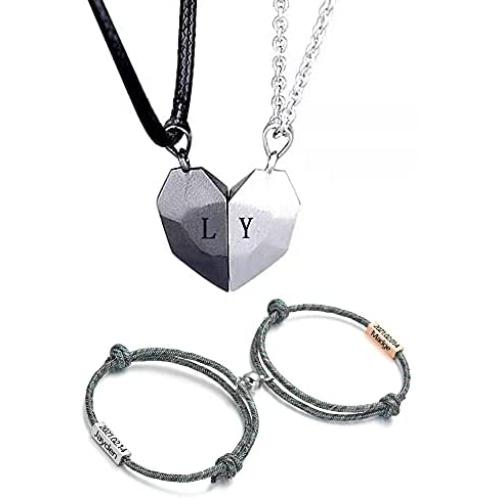 soulglass 4Pcs Magnetic Couples Bracelet Necklace Magnet Matching His and Hers Promise Love Heart Pendant Necklace Bracelet for Couples Long Distance Relationship Custom Name ID Couple Jewelry Set
