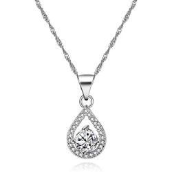 Dainty Platinum Plated Round Cubic Zirconia Teardop Pendant Necklace for Women Teen Girls ZY041