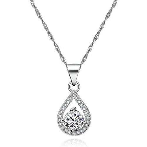 Dainty Platinum Plated Round Cubic Zirconia Teardop Pendant Necklace for Women Teen Girls ZY041