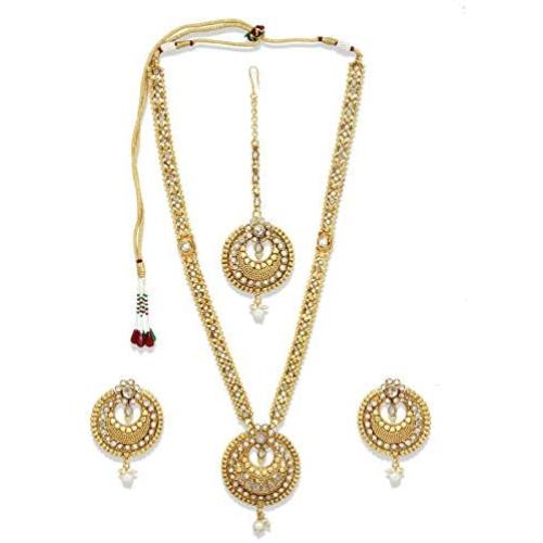SANARA Indian Bollywood Traditional Gold Plated Crystal and Pearl Drop Made Bridal Designer Jewelry Gold Rani Haar Pendant Necklace Set for Women & Girl Wedding & Partywear Jewelry