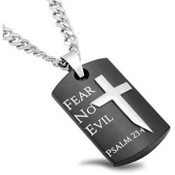 Spirit & Truth Fear No Evil Guardian Shield Cross Stainless Steel Necklace with High Polished Angle Cross Embedded into the Padlock Pendant on Curb Chain Psalm 23:4