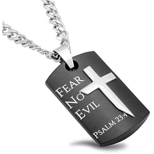 Spirit & Truth Fear No Evil Guardian Shield Cross Stainless Steel Necklace with High Polished Angle Cross Embedded into the Padlock Pendant on Curb Chain Psalm 23:4