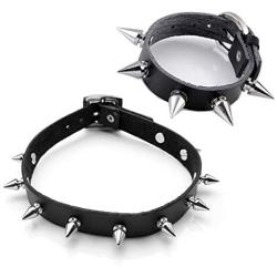 Top Plaza Mens Womens Black Genuine Leather Bracelets Necklaces Jewelry Set Metal Spike Studded Punk Rock Skull Biker Adjustable Cuff Bracelet Choker Necklace