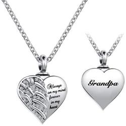 YSAHan Angel Wings Cremation Urn Necklaces for Ashes Clear White Synthetic Crystal Heart Pendant Stainless Steel Memorial Jewelry