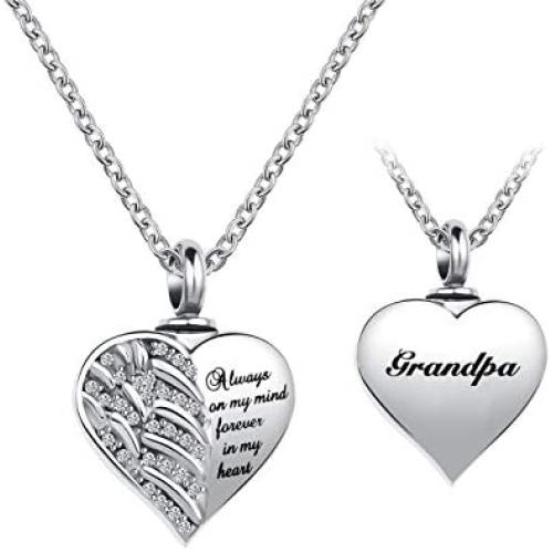 YSAHan Angel Wings Cremation Urn Necklaces for Ashes Clear White Synthetic Crystal Heart Pendant Stainless Steel Memorial Jewelry