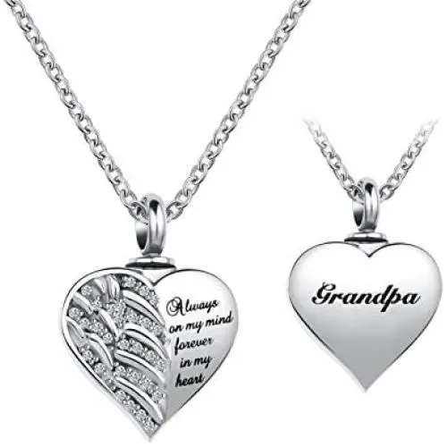 YSAHan Angel Wings Cremation Urn Necklaces for Ashes Clear White Synthetic Crystal Heart Pendant Stainless Steel Memorial Jewelry