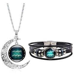 Dcfywl731 Fashion 12 Twelve Constellations Hand Woven Leather Bracelet and Moon Pendant Necklace Zodiac Sign Jewelry Set