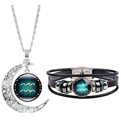Dcfywl731 Fashion 12 Twelve Constellations Hand Woven Leather Bracelet and Moon Pendant Necklace Zodiac Sign Jewelry Set