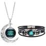 Dcfywl731 Fashion 12 Twelve Constellations Hand Woven Leather Bracelet and Moon Pendant Necklace Zodiac Sign Jewelry Set