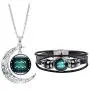 Dcfywl731 Fashion 12 Twelve Constellations Hand Woven Leather Bracelet and Moon Pendant Necklace Zodiac Sign Jewelry Set