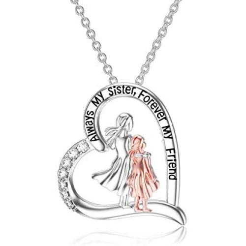 LEECCI Sister Gifts from Sister 925 Sterling Silver Sister Heart Pendant Necklaces Best Friend Necklace Christmas Jewelry Gift for Women Female Friends Girls