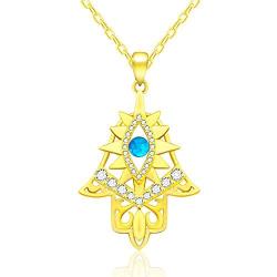 Hamsa Necklace Blue Opal Evil Eye Good Luck Hand of Vintage Fatima 925 Sterling Silver Plated 14k Gold Chain Pendant Necklaces Jewelry Fashion Gift for Women Girls (17+2’’)