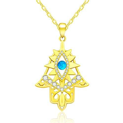 Hamsa Necklace Blue Opal Evil Eye Good Luck Hand of Vintage Fatima 925 Sterling Silver Plated 14k Gold Chain Pendant Necklaces Jewelry Fashion Gift for Women Girls (17+2’’)