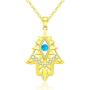 Hamsa Necklace Blue Opal Evil Eye Good Luck Hand of Vintage Fatima 925 Sterling Silver Plated 14k Gold Chain Pendant Necklaces Jewelry Fashion Gift for Women Girls (17+2’’)